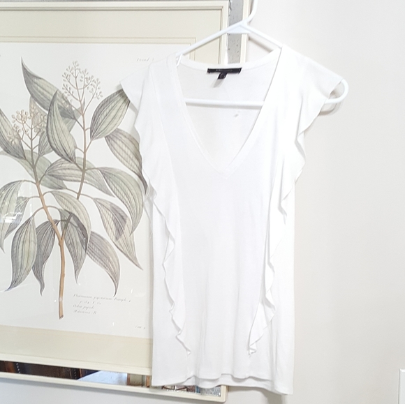 BCBG Off White Ribbed Blouse With Front & Back Ruffles - Picture 3 of 13